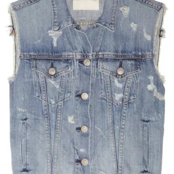 Rag & Bone/JEAN Distressed Blue Cotton Collared Denim Sleeveless Vest Gilet - Picture 3 of 13